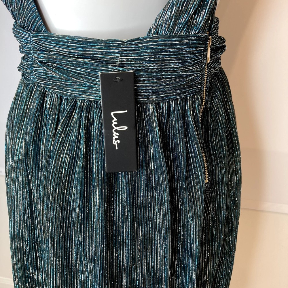 New LULUS Ailey Metallic Teal Twist Back Skater Dress Womens Size L‎ Mini Party - Picture 7 of 12